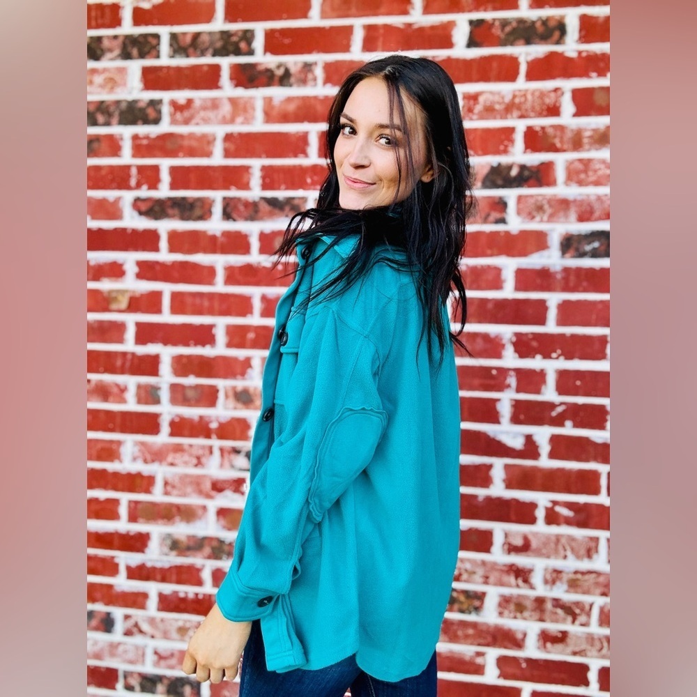 Zenana All About the Fleece Lightweight Button-Down Shacket in light teal large - Picture 4 of 4